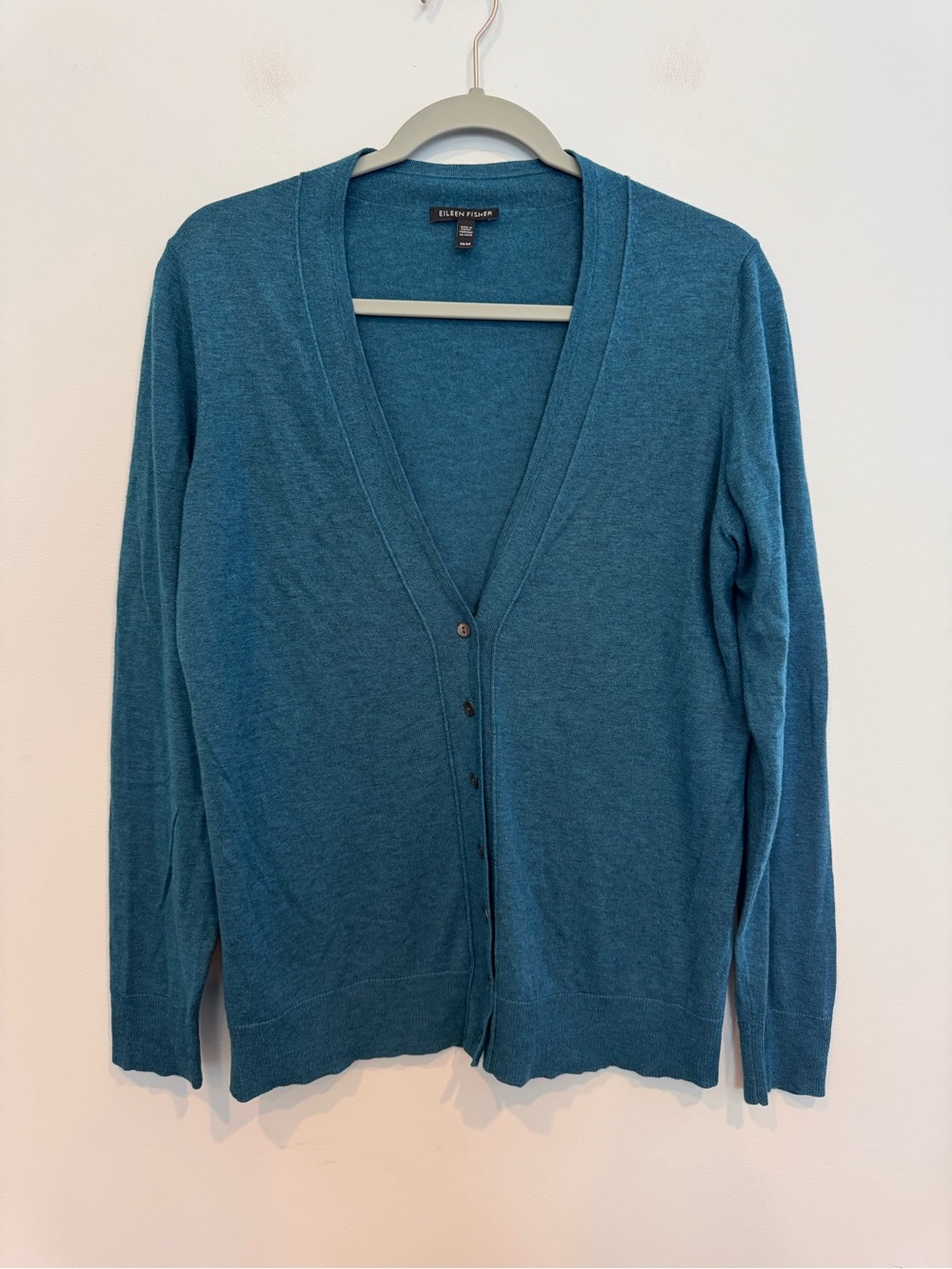 Eileen Fisher Teal Blue Merino Wool Blend Knit V-Neck Button Cardigan Sweater